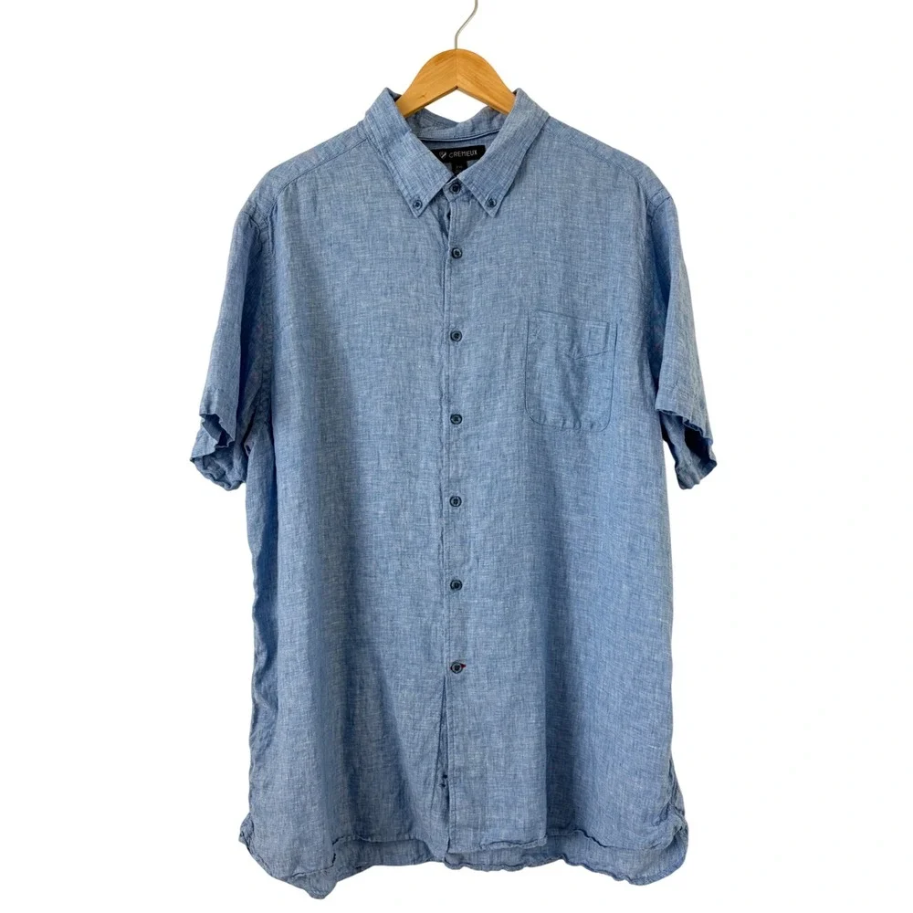 Cremieux Mens XXL Blue Linen Short Sleeve Button Down‎ Shirt Lightweight